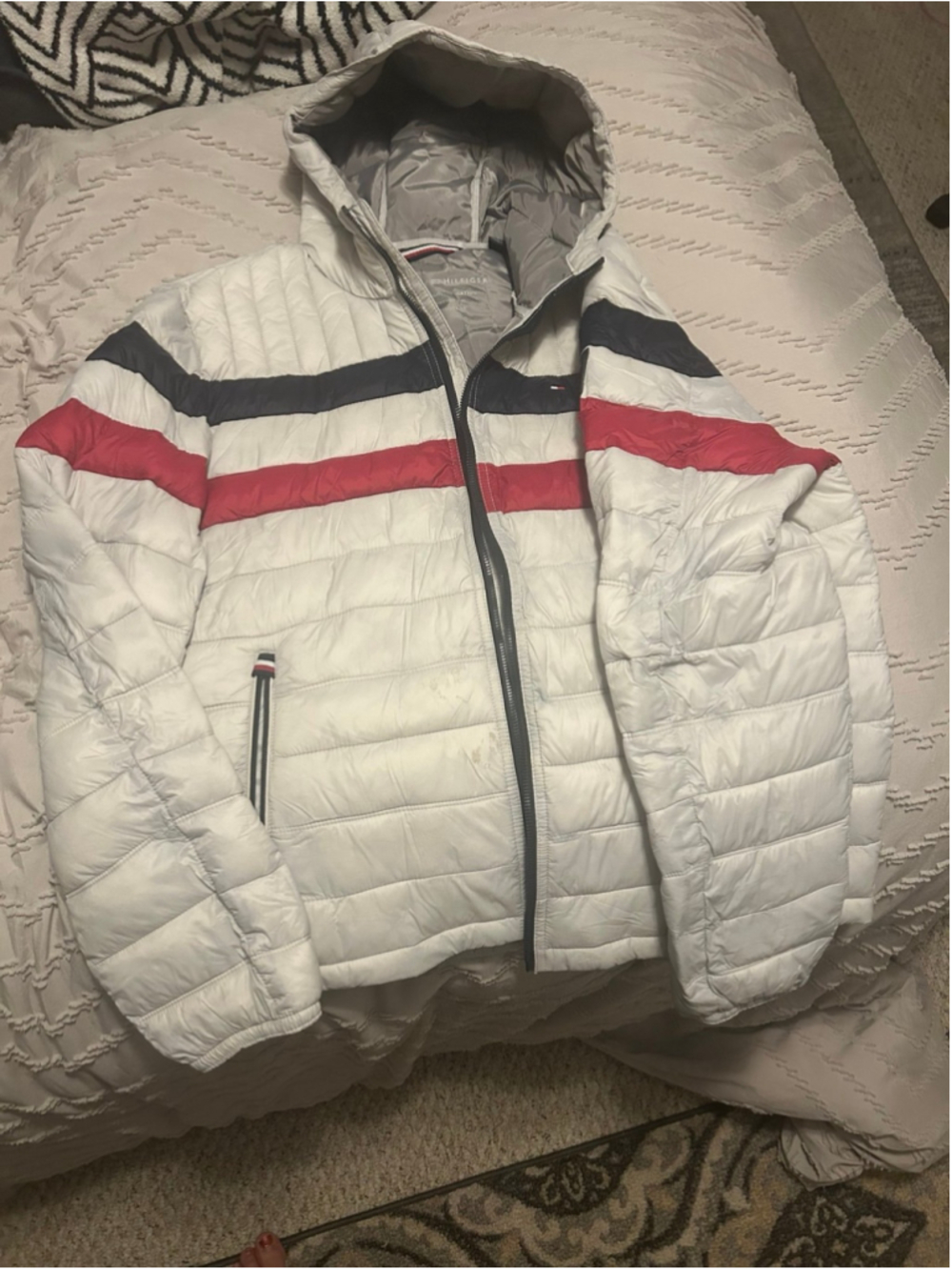 Tommy Hilfiger White Puffer Jacket with Red and Blue Stripes